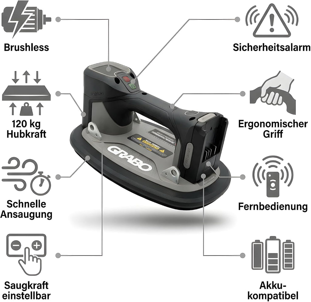 Brushless-Akku-Saugheber 120kg, Markenakku-kompatibel, Auto-Nachsaugung, Display, für Glas/Stein/Fliesen, ohne Akku (GPB-MA)
