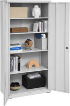 Stahl-Aktenschrank, 5 Ebenen, Doppeltüren + Schloss, verstellbare Ablagen, Mehrzweck-/Werkzeugschrank, für Garage/Büro/Wohnzimmer, grau, OMC015G01