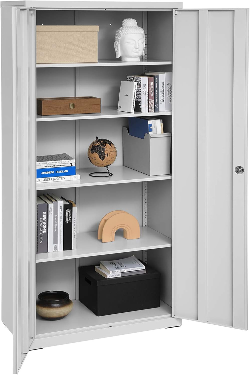 Stahl-Aktenschrank, 5 Ebenen, Doppeltüren + Schloss, verstellbare Ablagen, Mehrzweck-/Werkzeugschrank, für Garage/Büro/Wohnzimmer, grau, OMC015G01