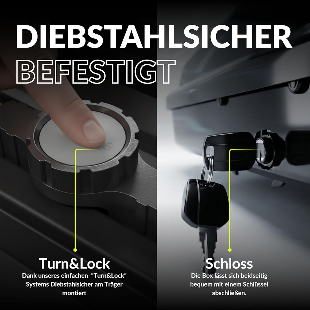 Dachbox Auto 320L | 75kg Zuladung | Hartschale Schwarz Glänzend | Aerodynamisch | Beidseitige Öffnung mit Schnellspanner (Fast Clamp) | Abschließbar