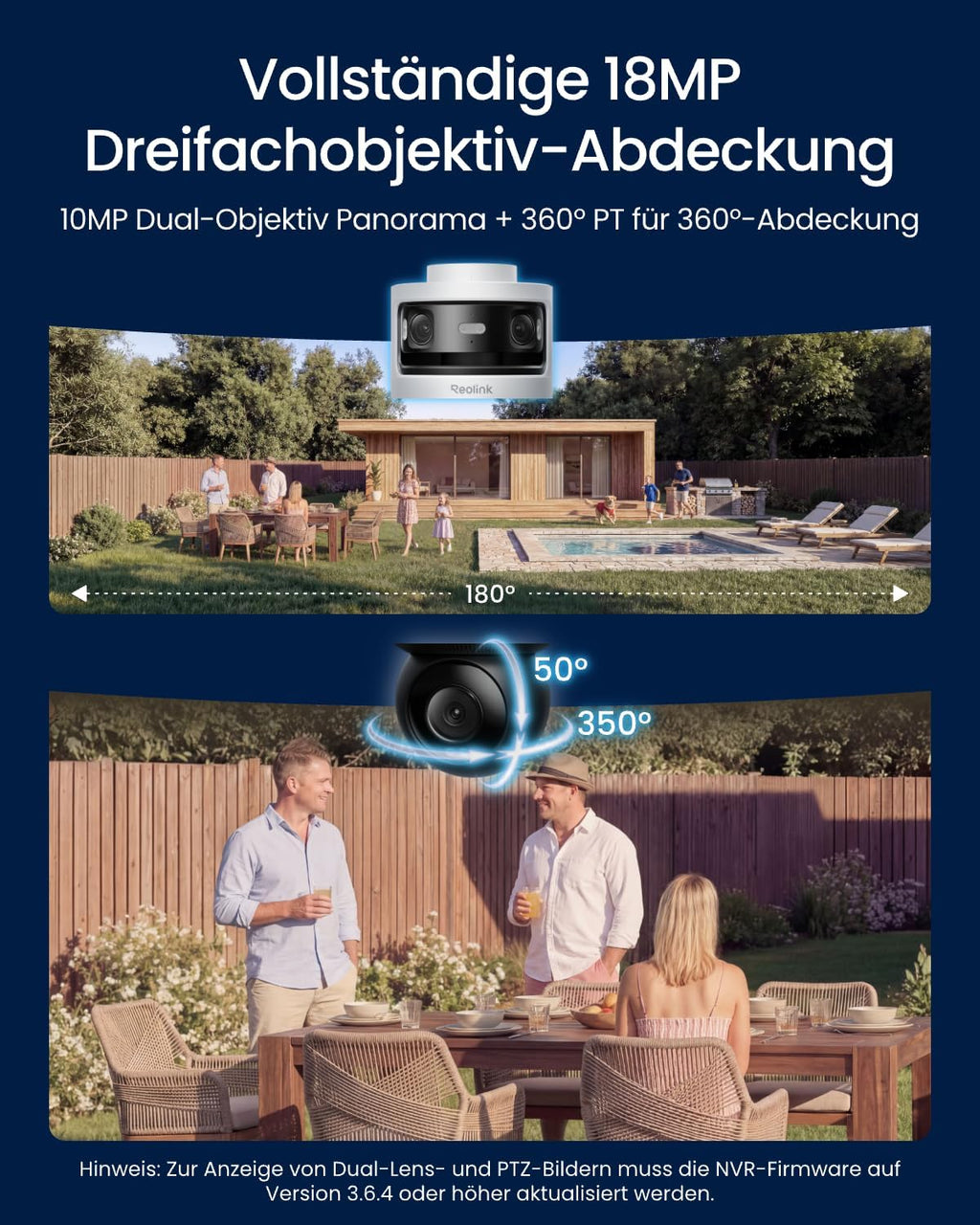 Dreifachobjektiv PoE Sicherheitskamera Außen, 10MP 180° Panorama & 4K PT Auto-Track., KI-Videosuche, Perimeter-Schutz, Farb-/IR-Nacht., 24/7-Aufz., OMVI 3i