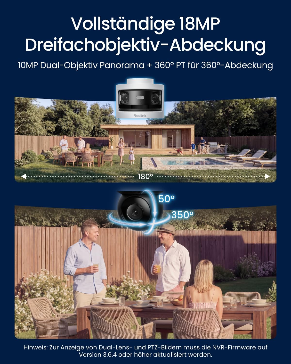 Dreifachobjektiv PoE Sicherheitskamera Außen, 10MP 180° Panorama & 4K PT Auto-Track., KI-Videosuche, Perimeter-Schutz, Farb-/IR-Nacht., 24/7-Aufz., OMVI 3i