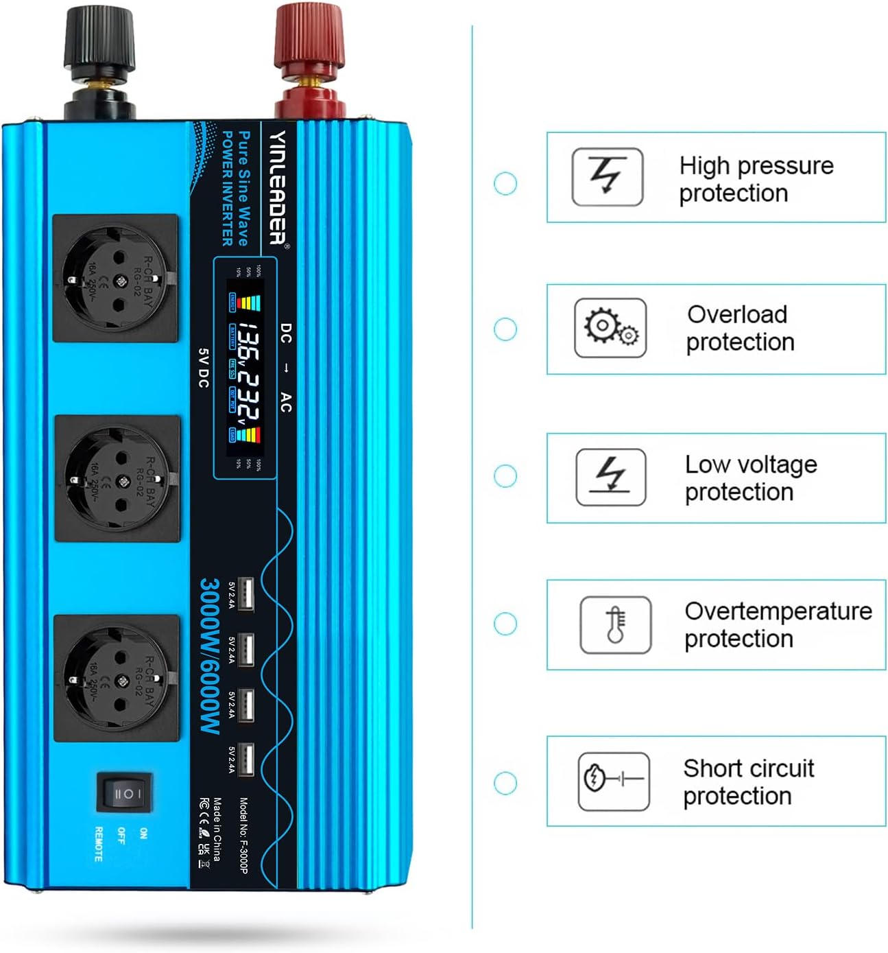 3000W/6000W Reiner Sinus Wechselrichter 12V 230V 3x EU-Steckdose 4x USB LCD-Spannungsanzeige