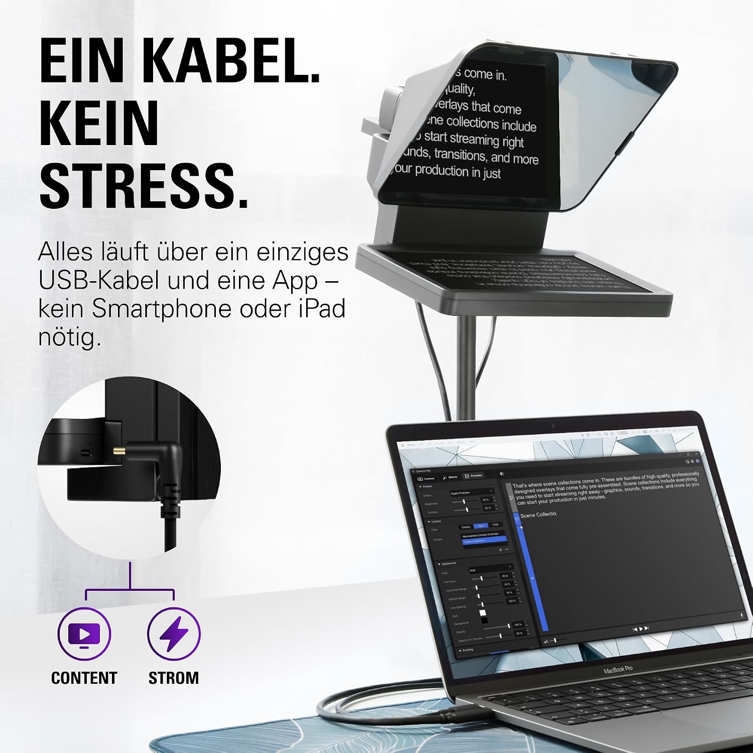 Prompter – Teleprompter mit integriertem Bildschirm, Drag&Drop-Monitoranzeige