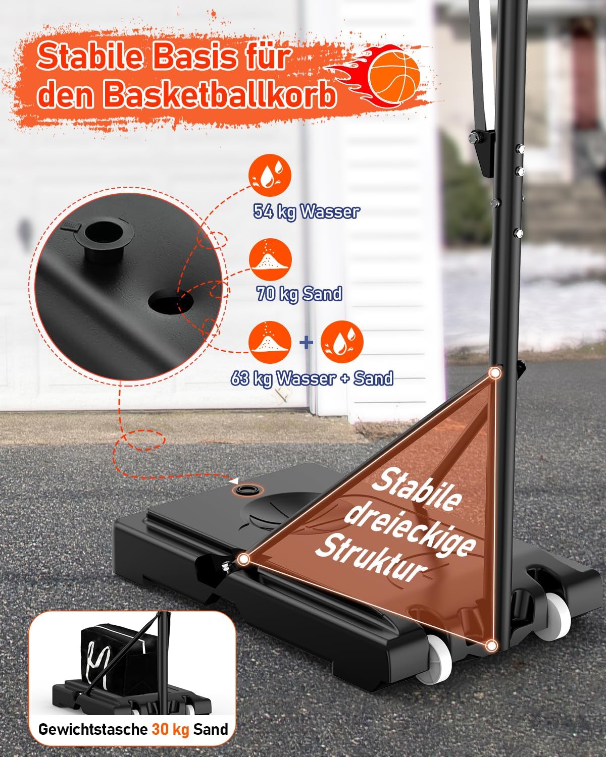 Outdoor Basketballkorb, 145-305cm EIN-Knopf-Schnellverstellung, 110x75cm Rückwand, mit Gewichtssack, für Kinder, Jugendliche & Erwachsene