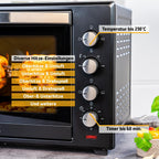 Minibackofen 60L 2000W - Pizzaofen & Backofen, Temperaturregelung bis 230°C, 6 Modi, 60 Min Timer, 4 Einschubhöhen, inkl. Backblech, Grillrost & Drehspieß