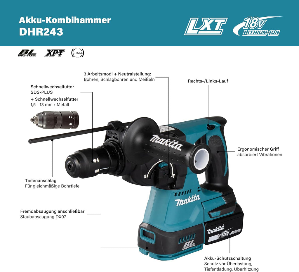 DHR243Z Akku-Kombihammer 18V (ohne Akku, ohne Ladegerät, ohne Staubabsaugung)