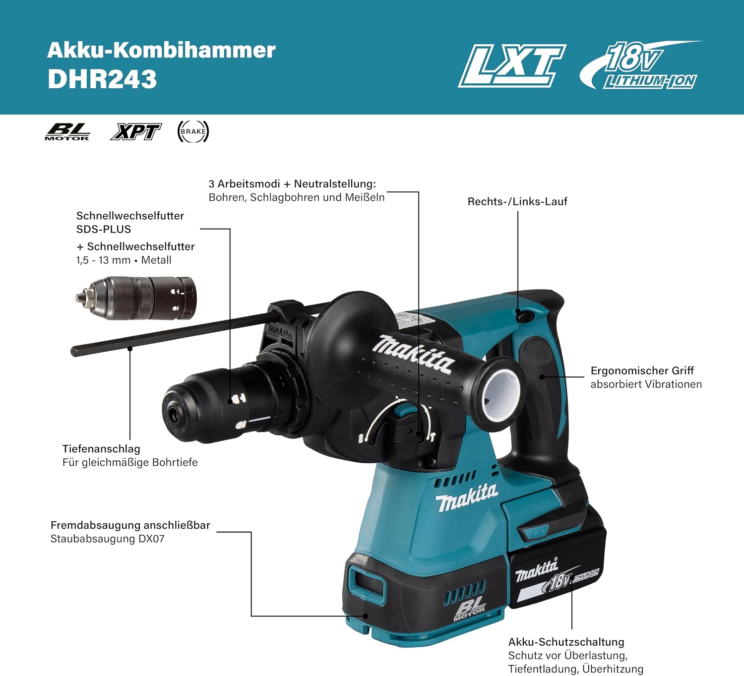 DHR243Z Akku-Kombihammer 18V (ohne Akku, ohne Ladegerät, ohne Staubabsaugung)