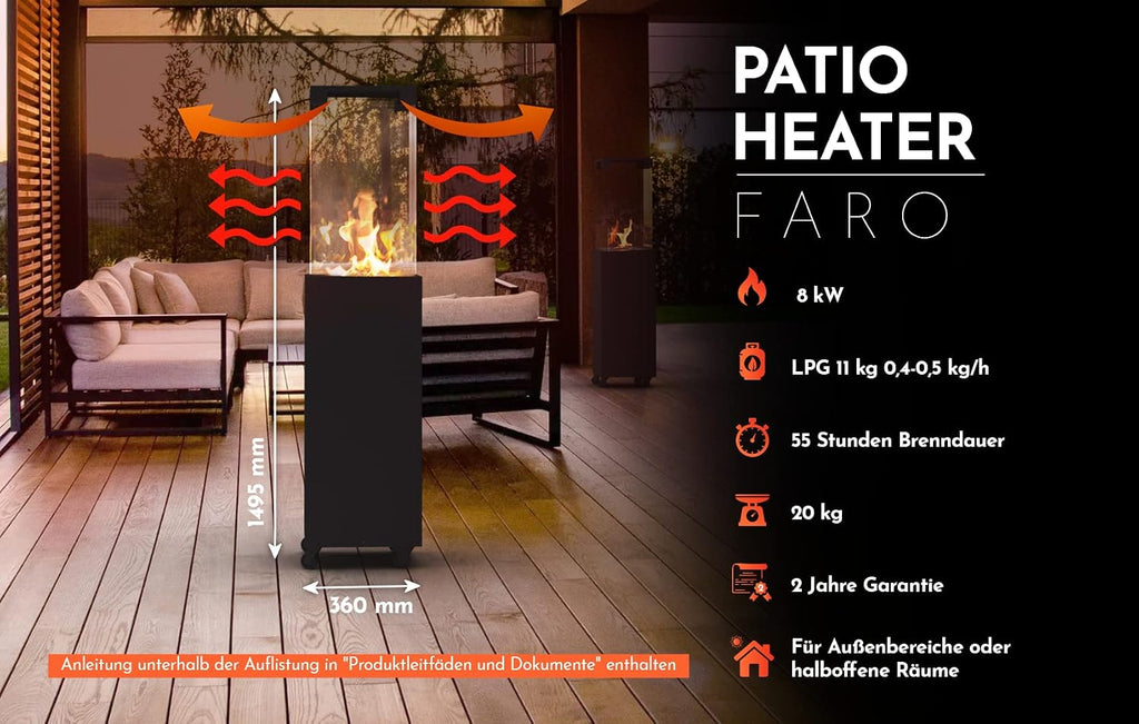 Faro Terrassenheizer Gas, 8kW, tragbarer freistehender Propan Heizpilz, schwarz, inkl. Abdeckung, 36x36x150 cm für Garten und Terrasse