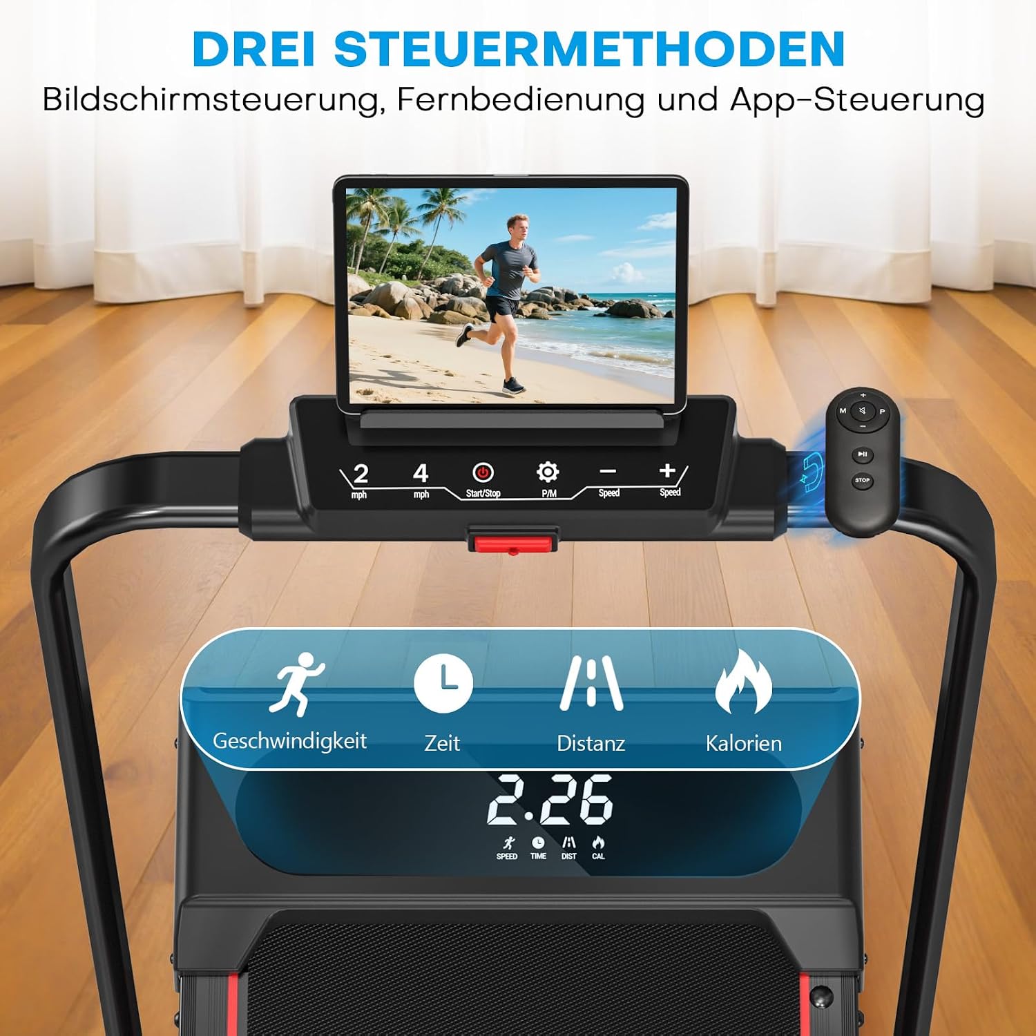 Laufband für Zuhause, Walking Pad, 1-12 km/h, klappbar, 9% Steigung, leise, LCD, Fernbedienung + App + Handlauf-Tasten, 150 kg