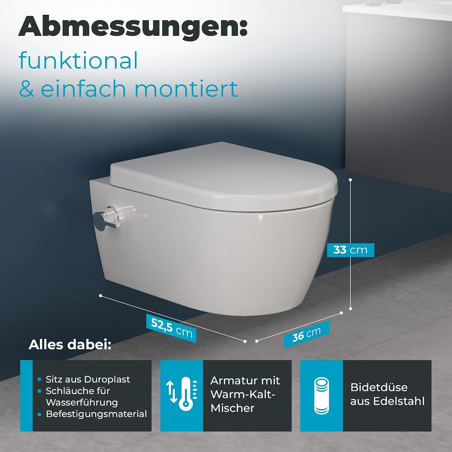 Dusch-WC mit Armatur, Hänge-WC spülrandlos, Bidet-Funktion (Taharet), Softclose-Absenkautomatik, Nanobeschichtung, Kalt- & Warmwasseranschluss