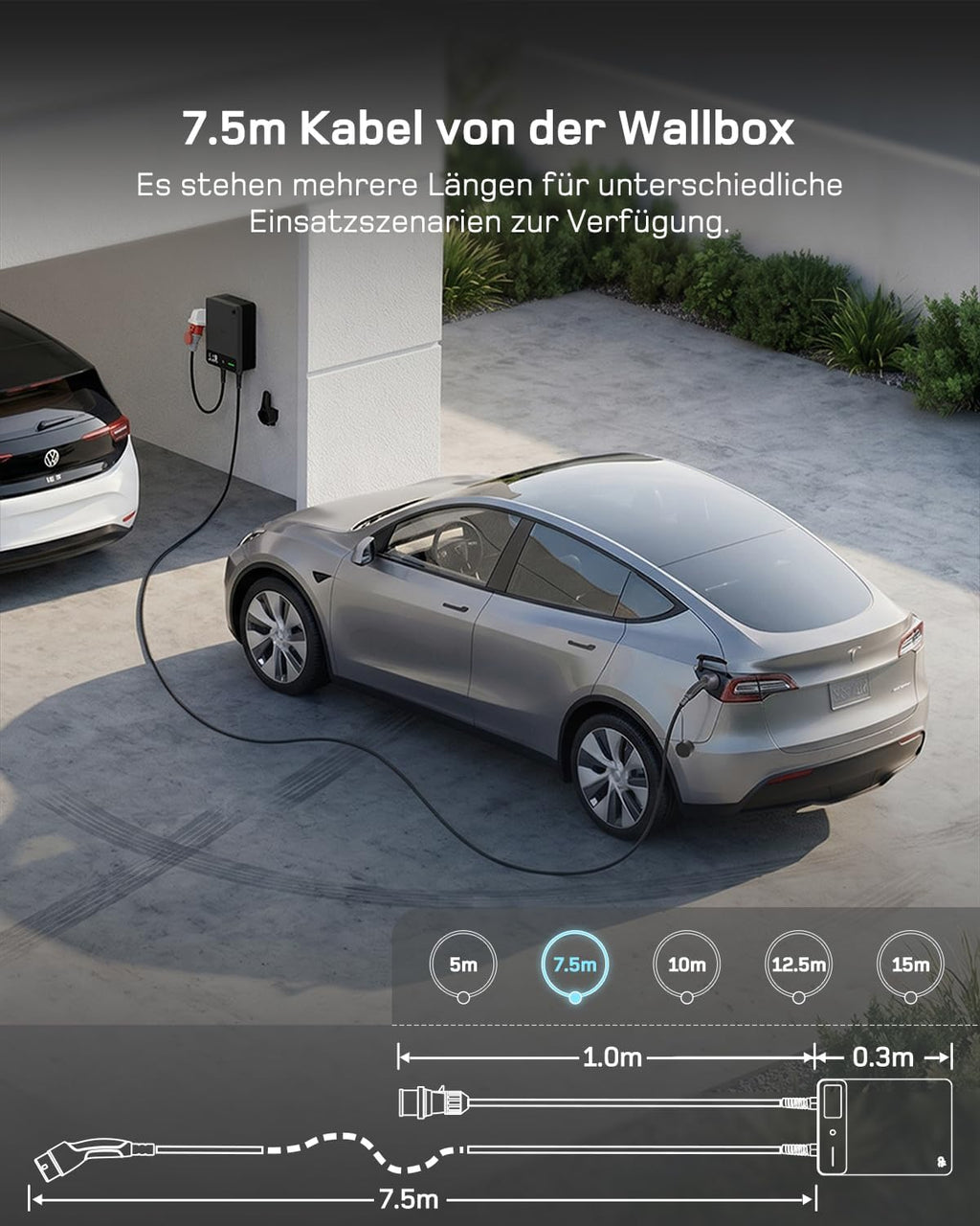 11kW Wallbox mit App, 7,5m Typ 2 Kabel + Halter, 3-Phasen (6-16A, 400V), RCD Typ A 30mA+6mA DC, IP54, für BEV/PHEV, schwarz