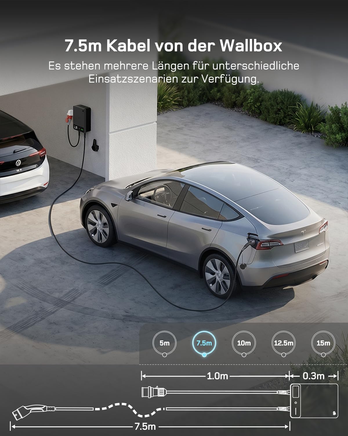 11kW Wallbox mit App, 7,5m Typ 2 Kabel + Halter, 3-Phasen (6-16A, 400V), RCD Typ A 30mA+6mA DC, IP54, für BEV/PHEV, schwarz