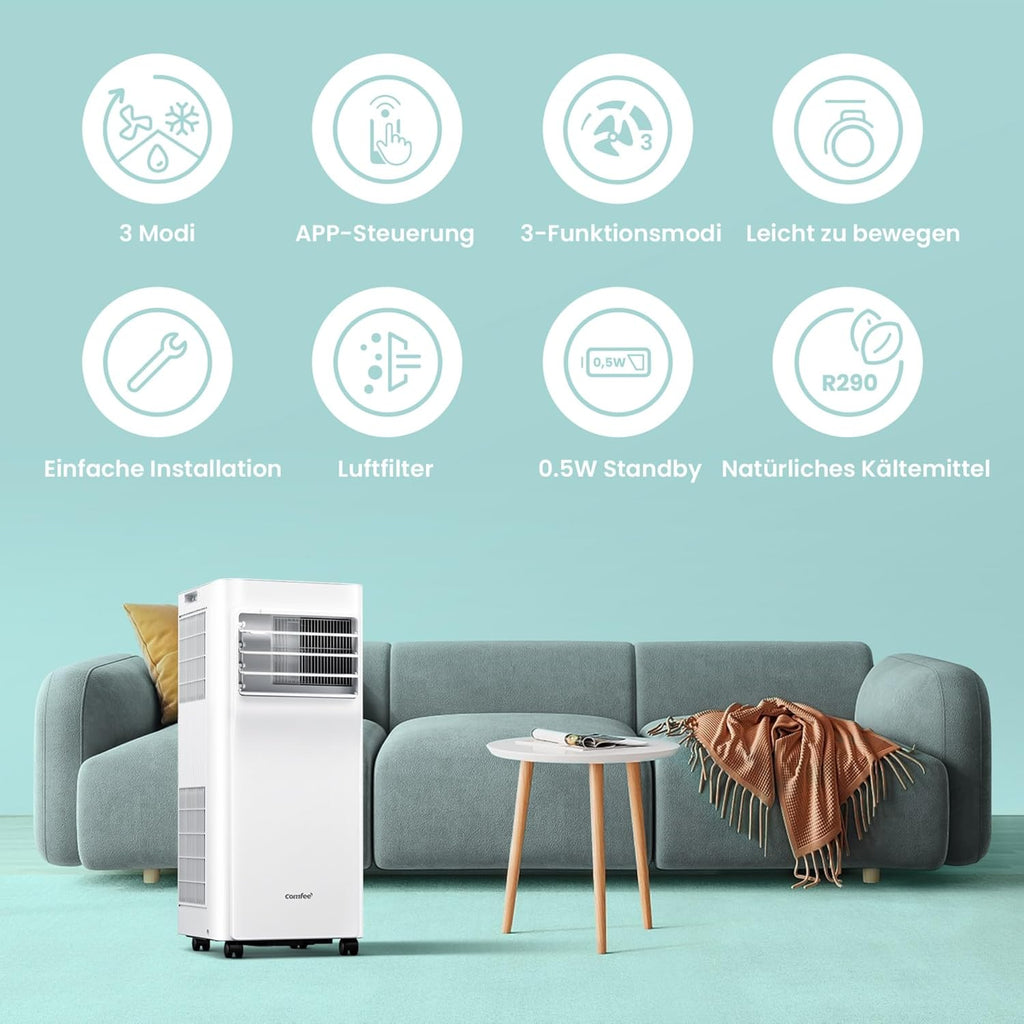 Breezy Cool Pro 2.6 Klimagerät, 9000 BTU, 2,6kW, Kühlen/Ventilieren/Entfeuchten, App, bis 88m³ (33m²), Abluftschlauch, Energie A
