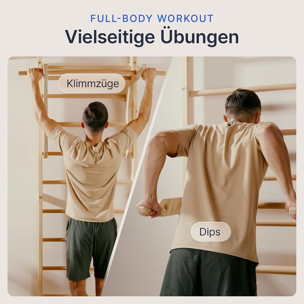 Sprossenwand für Erwachsene und Kinder mit Klimmzugstange & Dip Extension - Kletterwand fürs Kinderzimmer