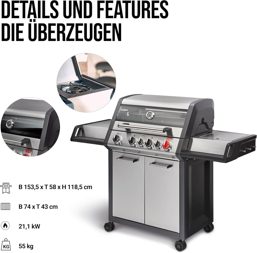 Gasgrill MONROE PRO 3 SIK TURBO, 3 Edelstahlbrenner, Seitenkocher, Infrarot-Backburner, PanoVision, HEAT RANGE, 800°C Turbo Zone, Silber/Schwarz