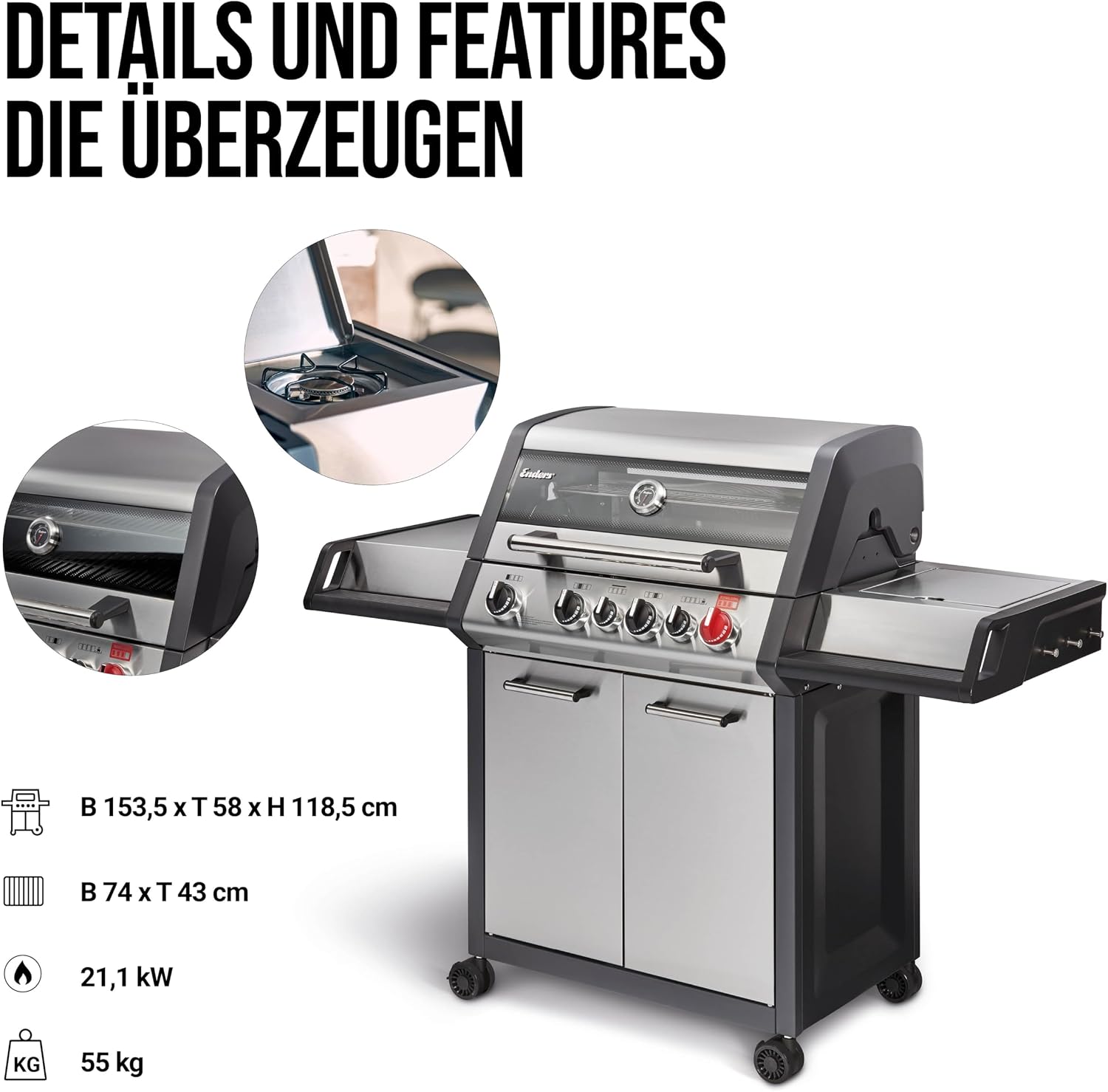 Gasgrill MONROE PRO 3 SIK TURBO, 3 Edelstahlbrenner, Seitenkocher, Infrarot-Backburner, PanoVision, HEAT RANGE, 800°C Turbo Zone, Silber/Schwarz