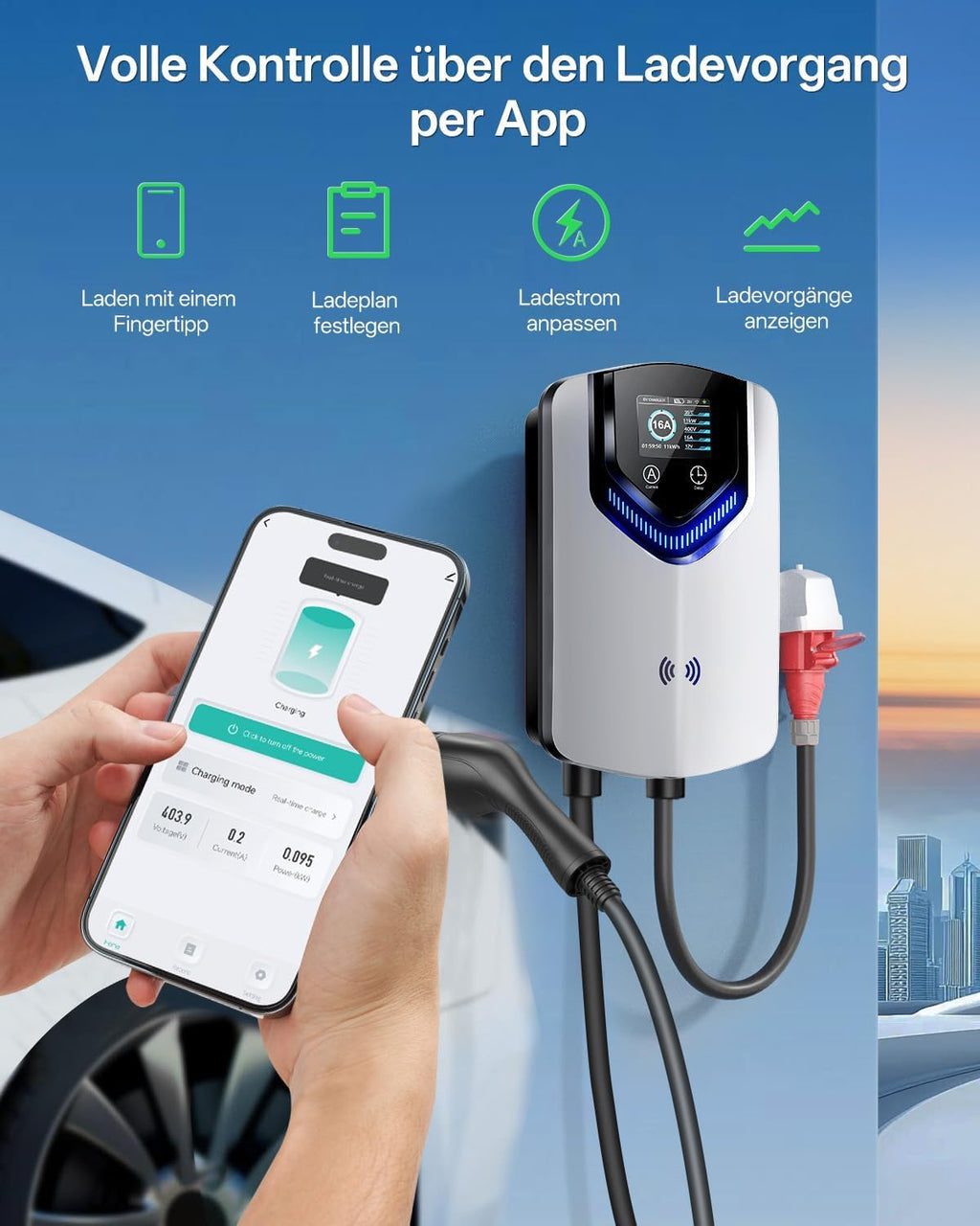 11kW Wallbox mit App + RFID, 3-Phasen Typ 2, 400V/6-16A, 8m Kabel + Halter, RCD Typ B, IP54, Startzeit-Einstellung, für BEV/PHEV