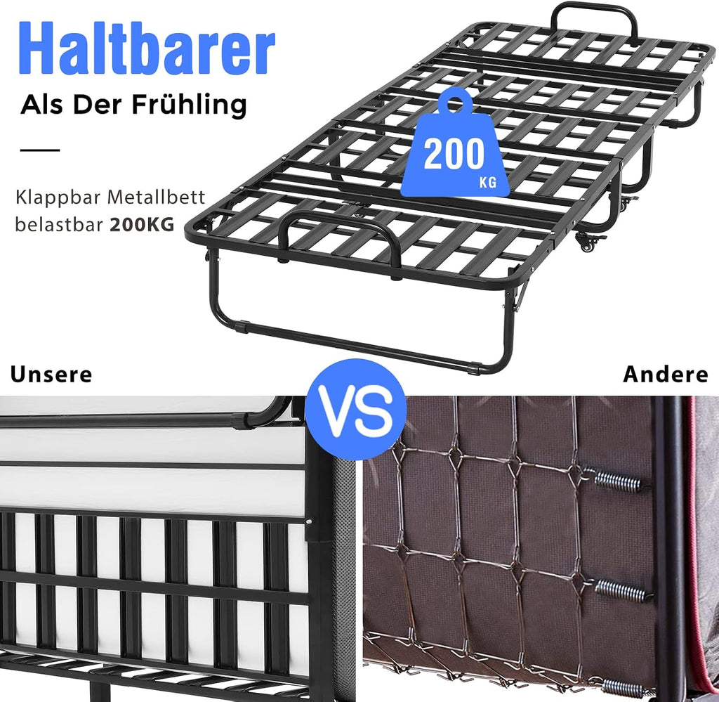 Klappbett 90x200cm für Erwachsene, 13cm Memoryschaum-Matratze, Metallrahmen + Rollen, Reisebett, klappbar, stabil bis 200 kg