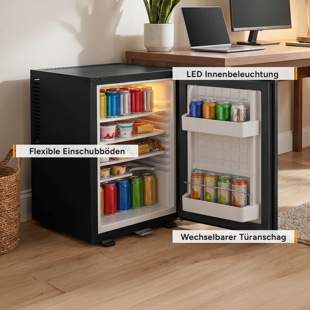 Mini-Kühlschrank 40L, lautlos, abschließbar, Türanschlag wechselbar, Innenbeleuchtung, Minibar für Camping/Büro/Schlafzimmer/Hotel, mattschwarz
