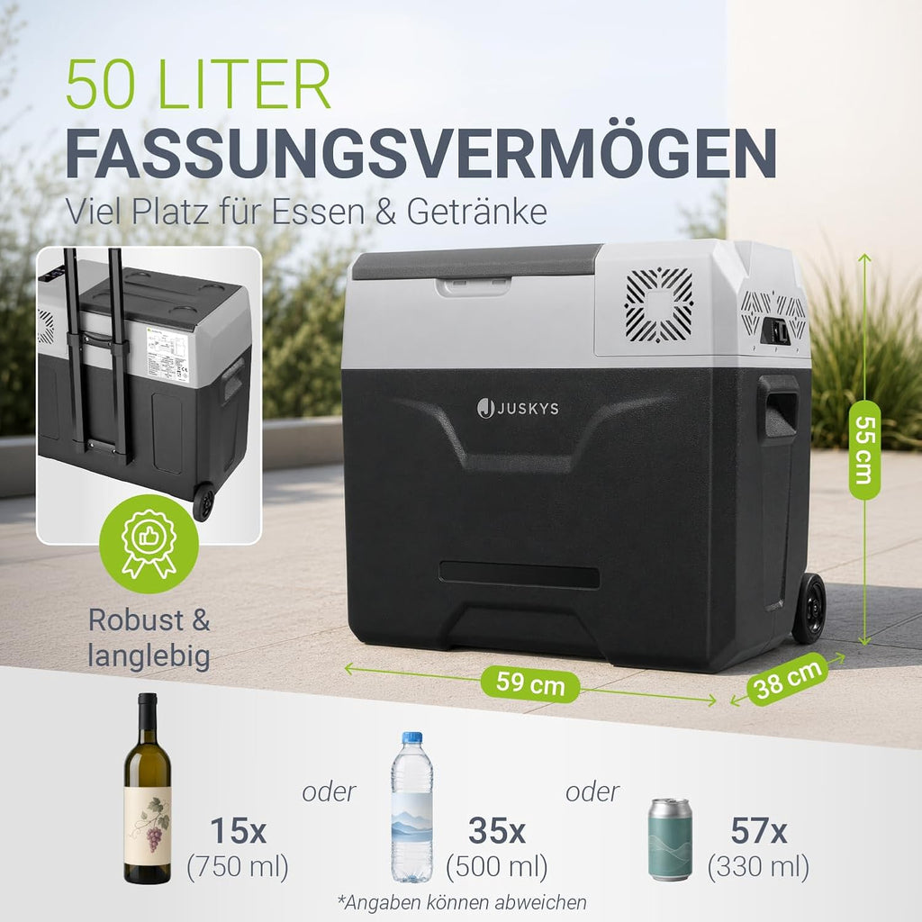 Kompressor Kühlbox 50 Liter 12/24/230V für Auto, LKW, Camping - Mini Kühlschrank kalt & warm, Steckdose, Grau