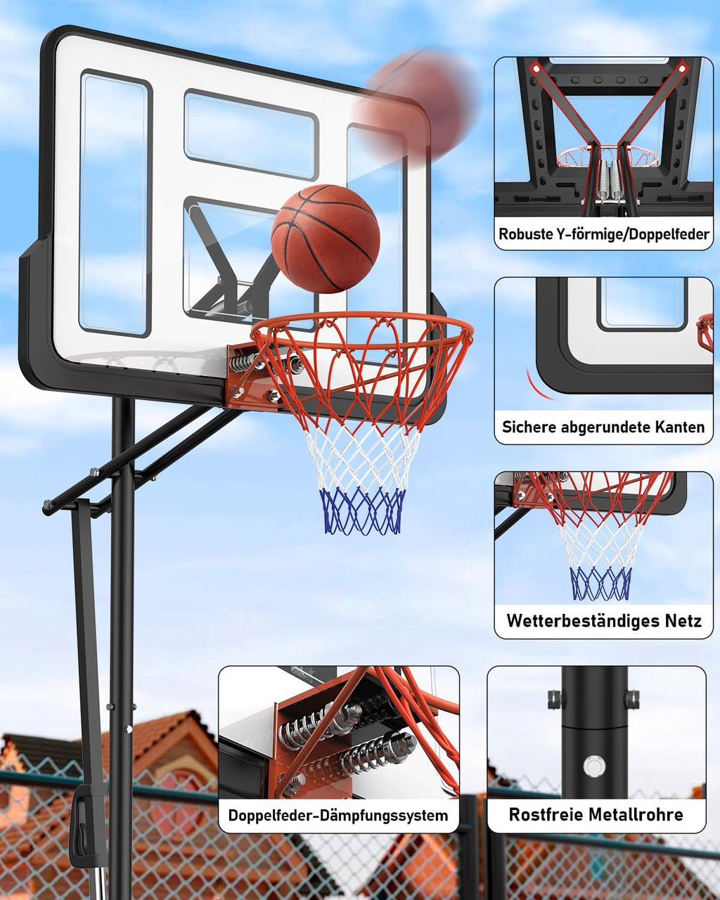 Outdoor Basketballkorb, 145-305cm EIN-Knopf-Schnellverstellung, 110x75cm Rückwand, mit Gewichtssack, für Kinder, Jugendliche & Erwachsene