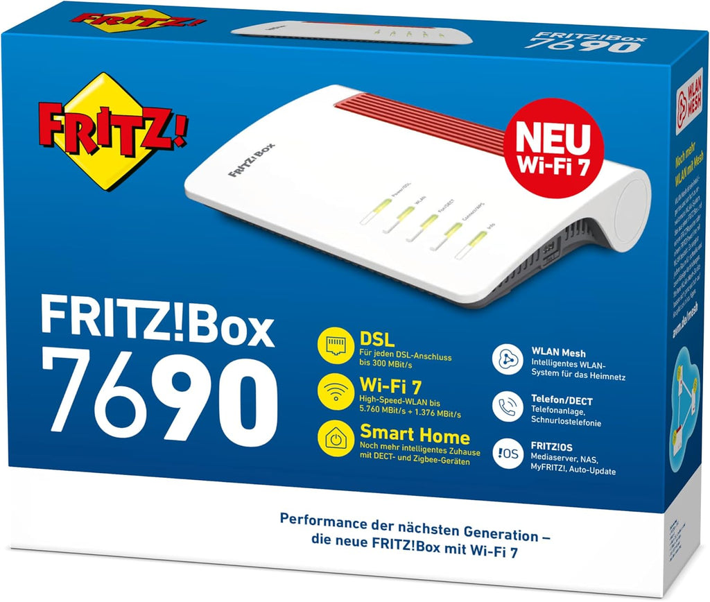 7690 Wi-Fi 7 DSL-Router, 5.760 MBit/s (5GHz) & 1.376 MBit/s (2,4 GHz), VDSL-Supervectoring bis 300 MBit/s, WLAN Mesh, DECT-Basis