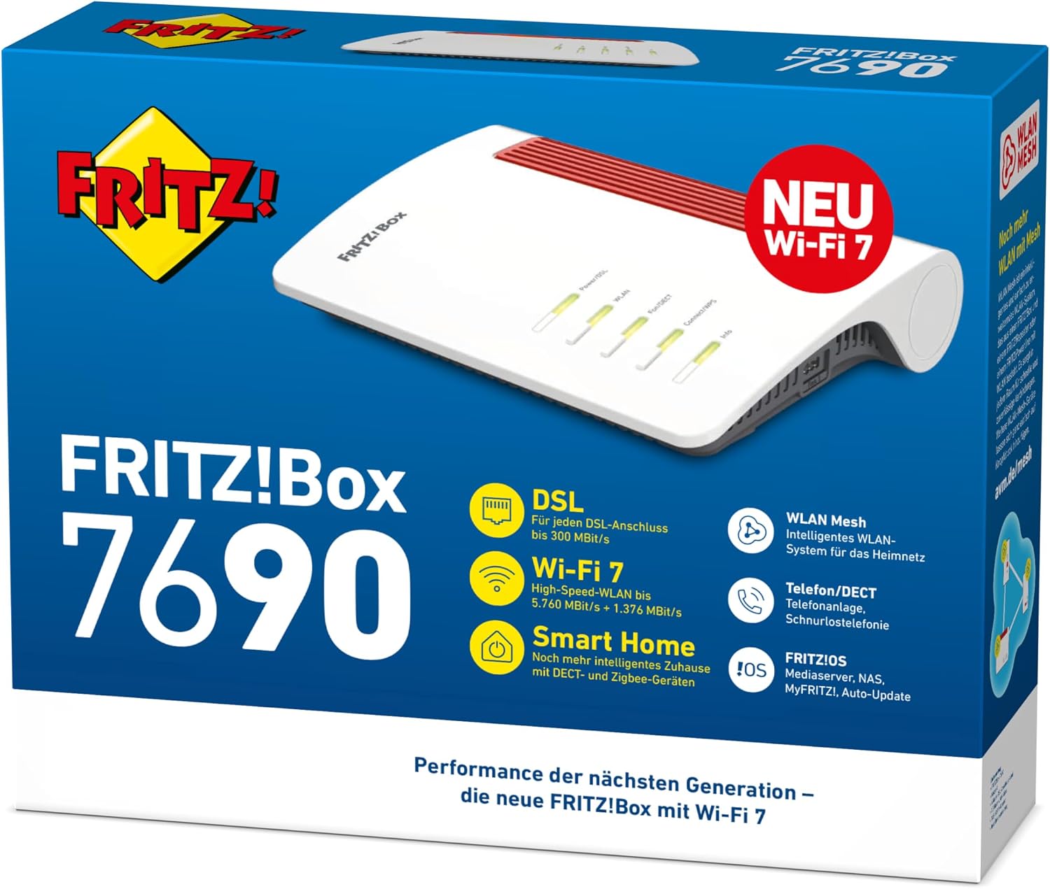 7690 Wi-Fi 7 DSL-Router, 5.760 MBit/s (5GHz) & 1.376 MBit/s (2,4 GHz), VDSL-Supervectoring bis 300 MBit/s, WLAN Mesh, DECT-Basis