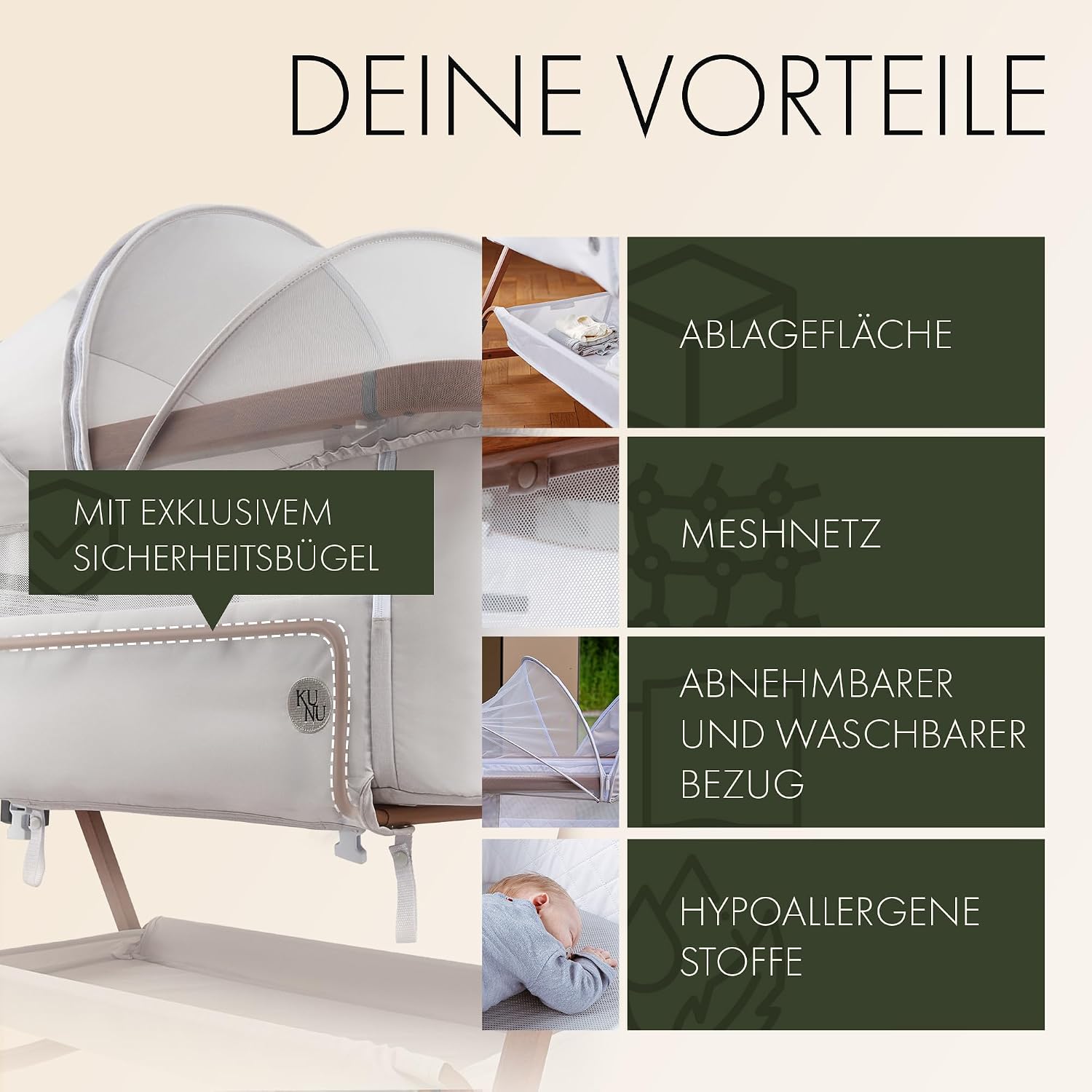 Beistellbett Babybett 3 in 1 rollbares Baby Bett mit Rollen, Wiegefunktion, höhenverstellbar, für Boxspringbett, inkl Reisetasche - Sicheres Reisebett