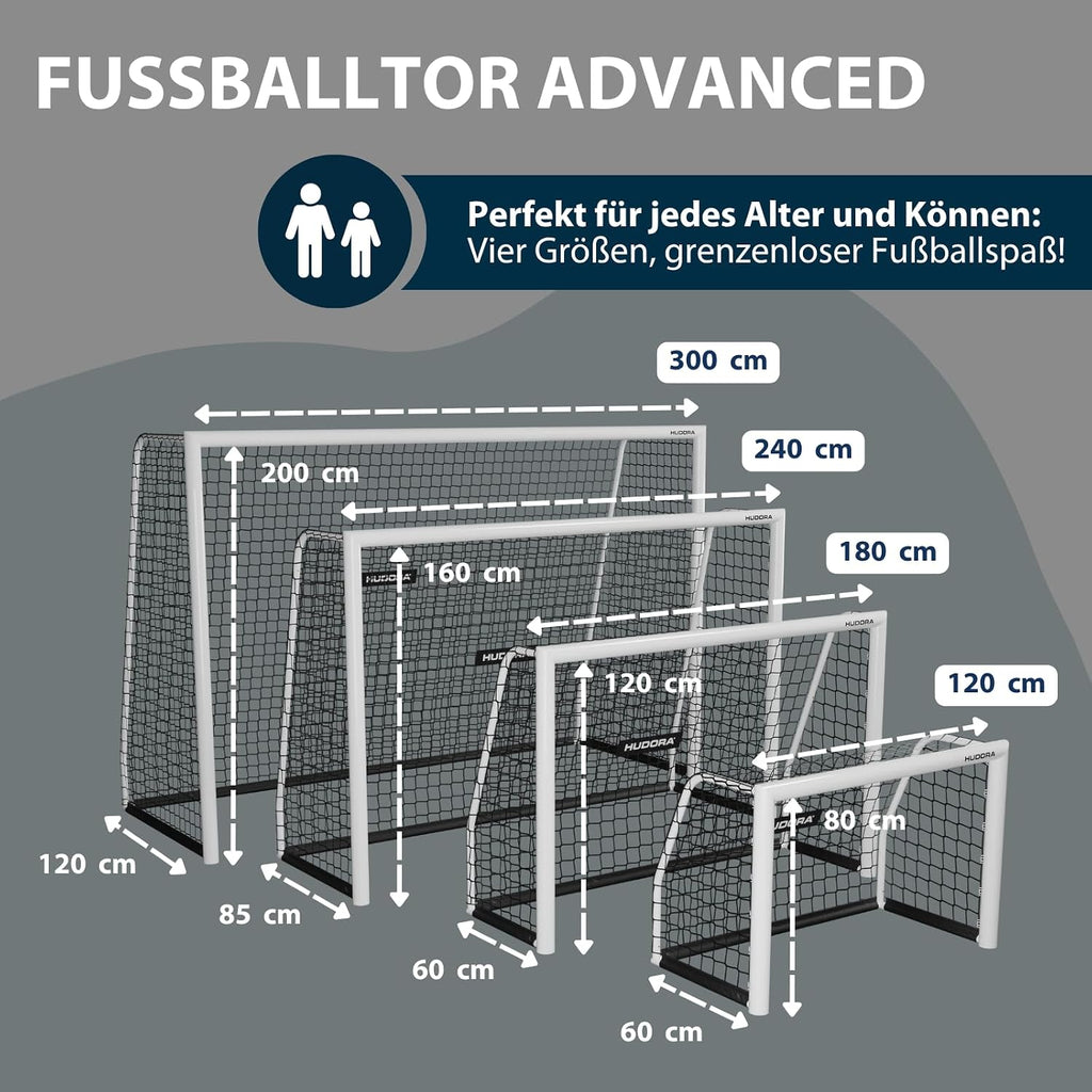 Fußballtor Advanced 120/180/240/300 - wetterfest, standfest, engmaschiges Netz - für Kinder, Jugendliche & Erwachsene - Garten-Fußball-Trainingstor