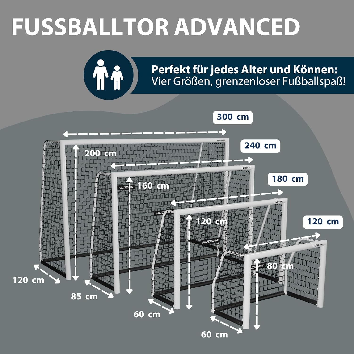 Fußballtor Advanced 120/180/240/300 - wetterfest, standfest, engmaschiges Netz - für Kinder, Jugendliche & Erwachsene - Garten-Fußball-Trainingstor