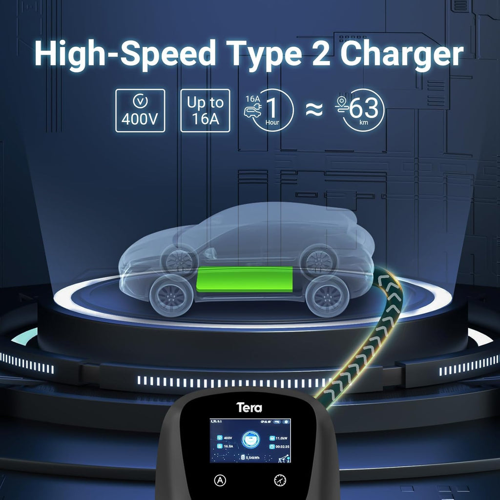 Smart EV Ladegerät Typ 2 Wallbox, 11kW, 16A, 400V, APP, WLAN, Bluetooth, CE&TÜV, 7m Kabel, Halter, CEE 3-Phasen Stecker, für EVs & PHEV, Schwarz