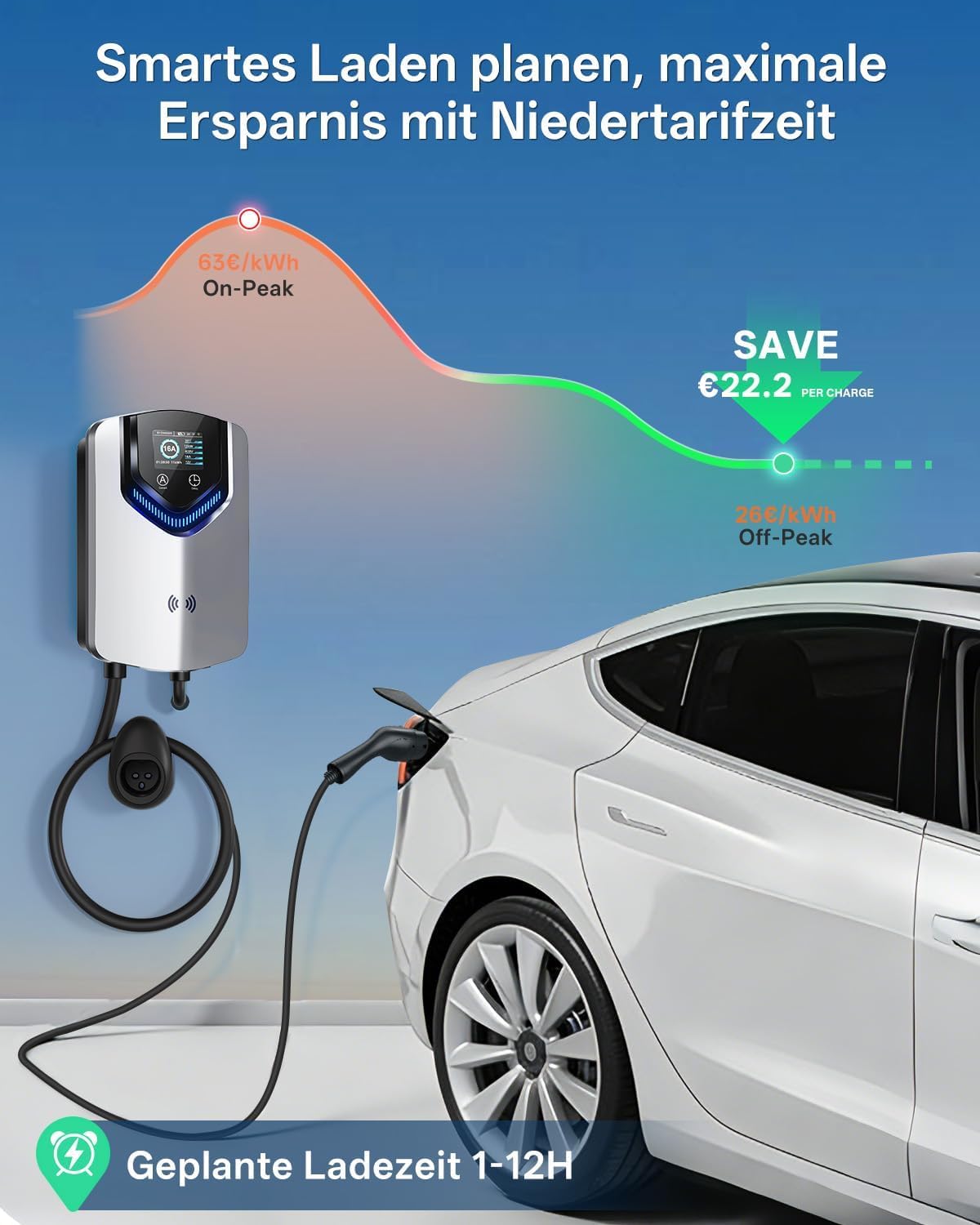 11kW Wallbox mit App + RFID, 3-Phasen Typ 2, 400V/6-16A, 8m Kabel + Halter, RCD Typ B, IP54, Startzeit-Einstellung, für BEV/PHEV