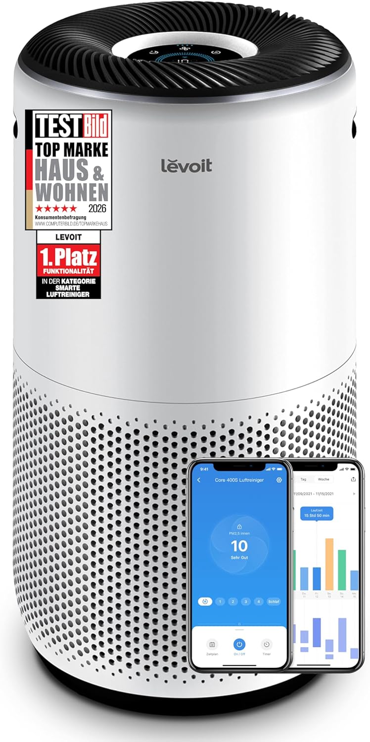 HEPA Luftreiniger für Allergiker, HEPA+ Aktivkohlefilter, CADR 433 m³/h, bis 90㎡, leise, PM2,5 Anzeige, Auto/App, Core 400S, Silberweiß