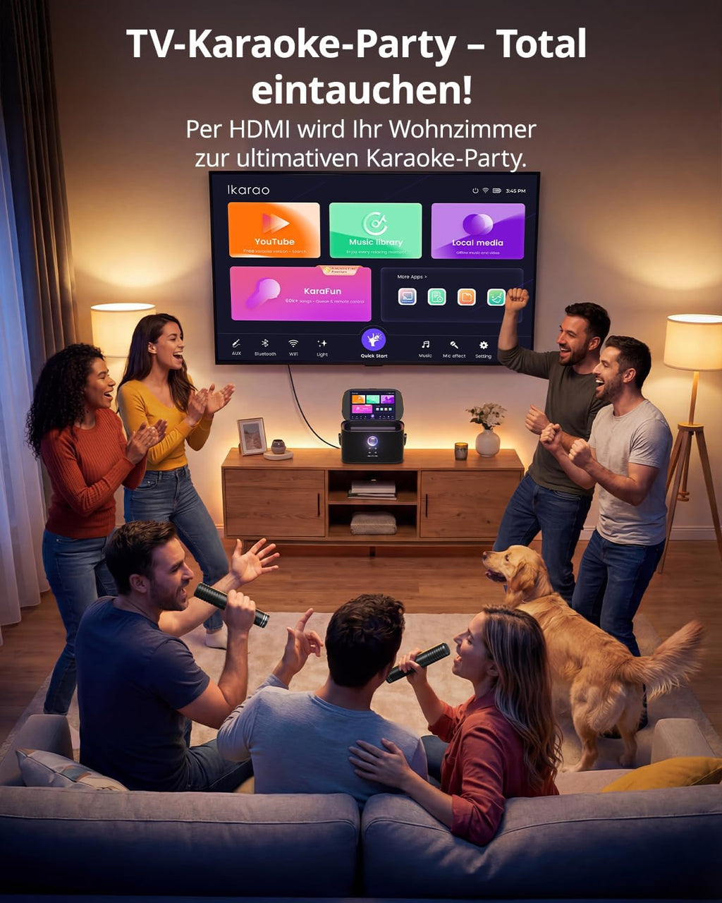 Karaoke-Maschine mit Textanzeige, 2 Mikrofonen, 140W, Bluetooth, HDMI, selbstaufladend, für Karafun-App, Shell S2