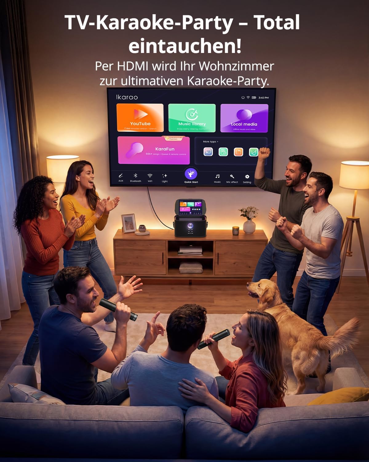 Karaoke-Maschine mit Textanzeige, 2 Mikrofonen, 140W, Bluetooth, HDMI, selbstaufladend, für Karafun-App, Shell S2