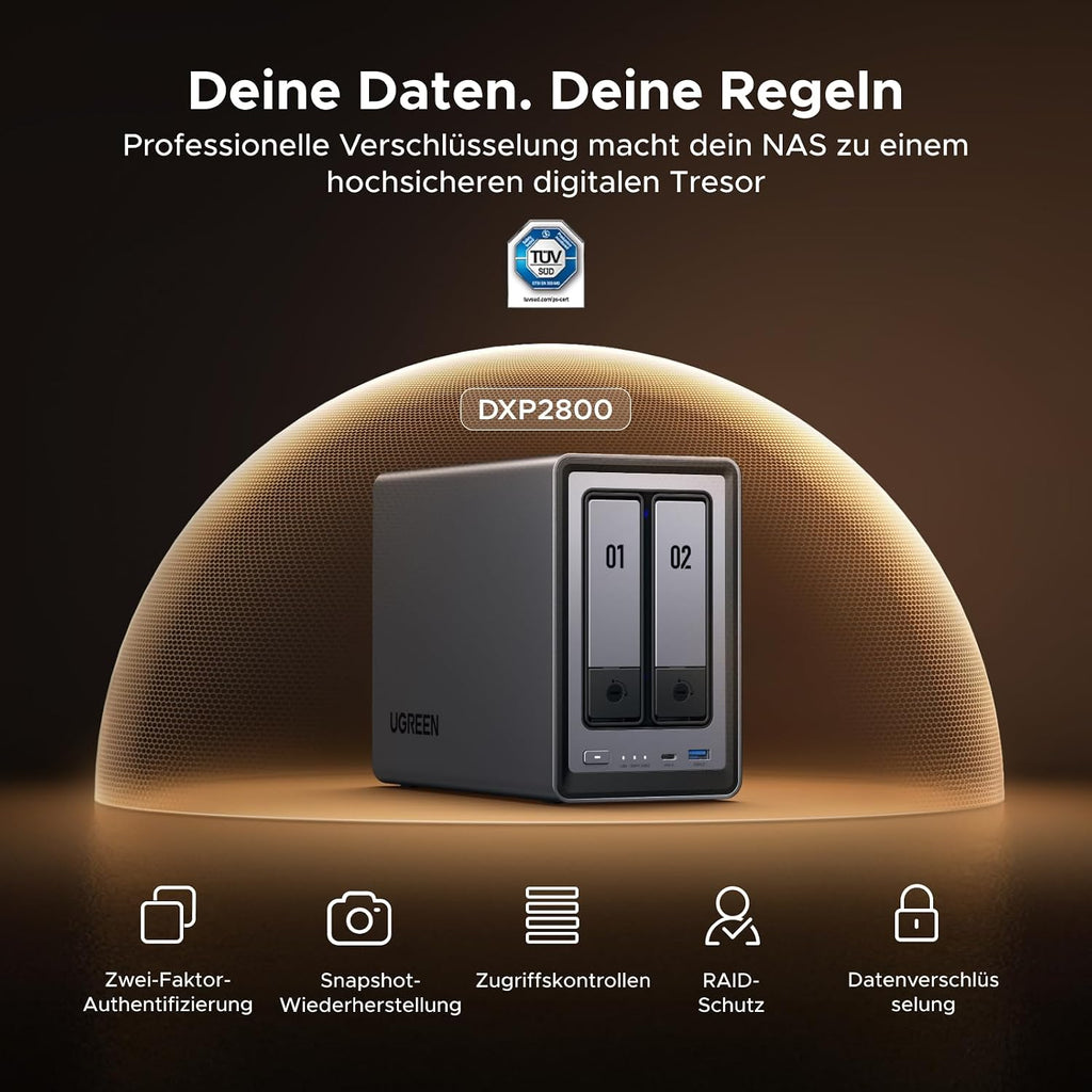 NASync DXP2800, 2-Bay Desktop-NAS, Intel N100 Quad Core, 8 GB DDR5, 2.5 GbE, 2x M.2 NVMe, HDMI 4K, Netzwerkspeicher (ohne Festplatten)