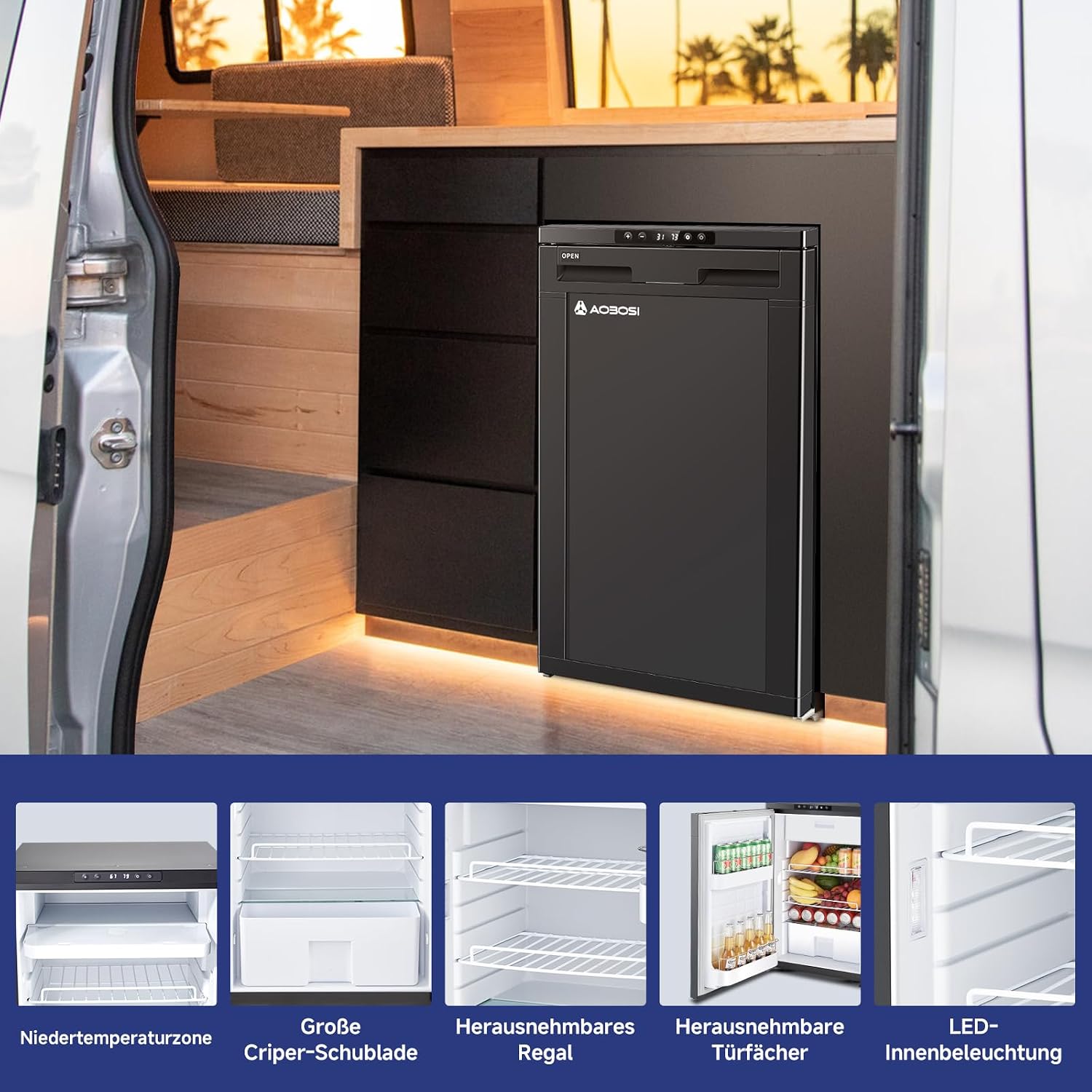 83L Kompressor Kühlbox mit APP-Steuerung, 12/24V DC, LED-Leuchten, bis -20°C – ideal für Auto, LKW, Boot, Wohnmobil, Camping und Reisen