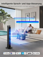 Leiser intelligenter Turmventilator, 12 Geschwindigkeiten bis zu 8 m/s, 5 Modi, 24-Stunden-Timer, 150° Oszillation, APP- und Sprachsteuerung, schwarz
