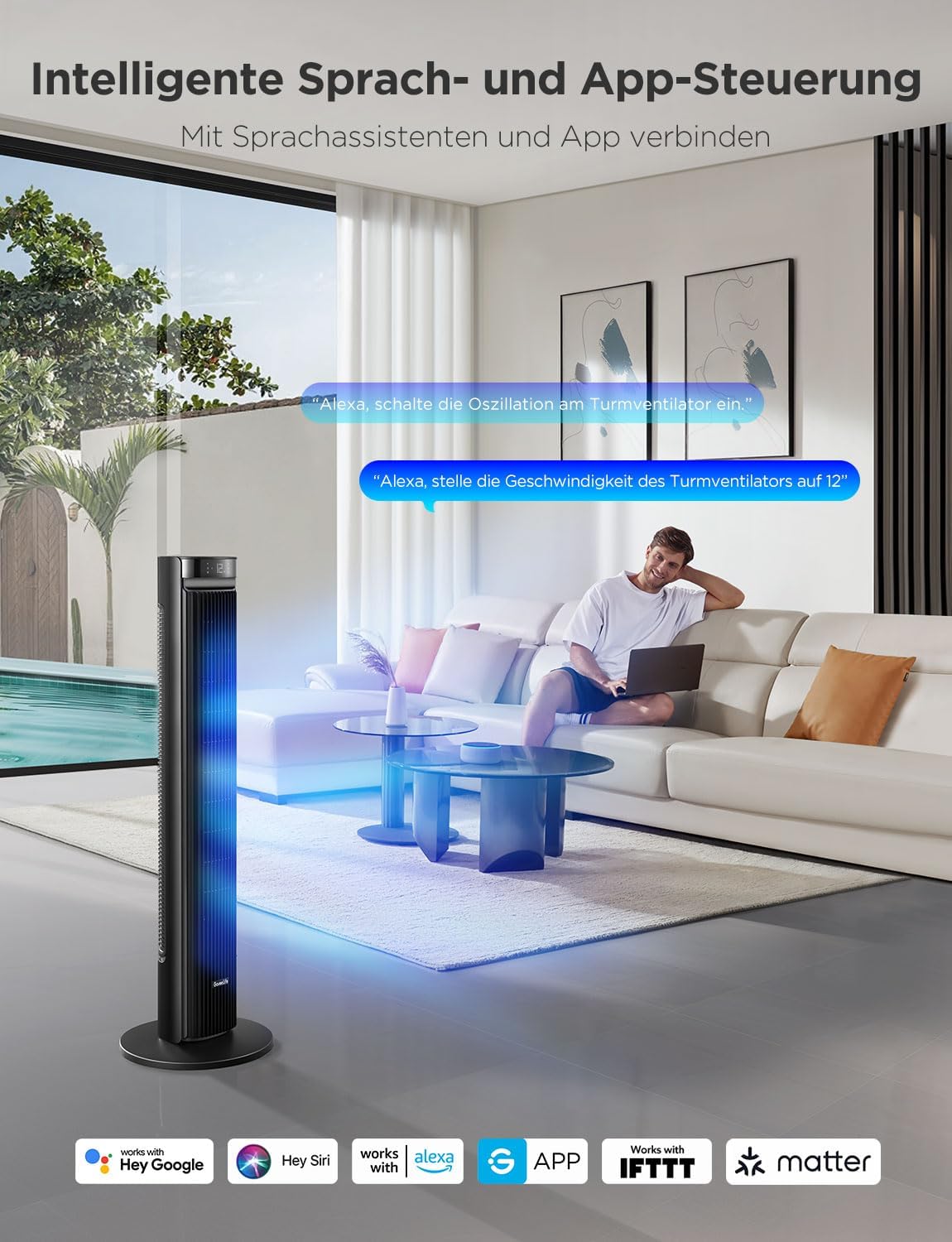 Leiser intelligenter Turmventilator, 12 Geschwindigkeiten bis zu 8 m/s, 5 Modi, 24-Stunden-Timer, 150° Oszillation, APP- und Sprachsteuerung, schwarz