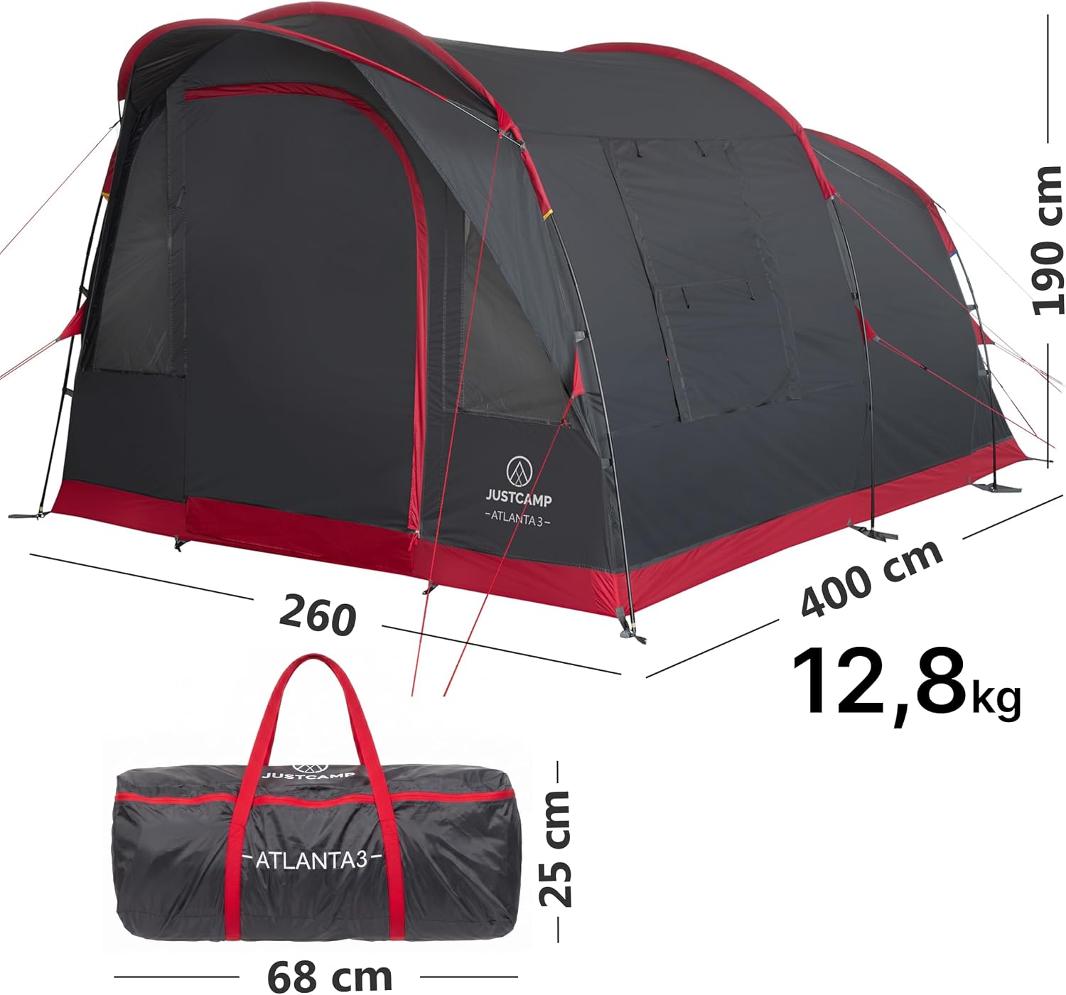 Atlanta Familienzelt für 3-7 Pers., Tunnelzelt, Stehhöhe, Vordach + Boden, Fliegengitter, wasserdicht, für Camping/Festivals
