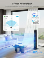 Leiser intelligenter Turmventilator, 12 Geschwindigkeiten bis zu 8 m/s, 5 Modi, 24-Stunden-Timer, 150° Oszillation, APP- und Sprachsteuerung, schwarz