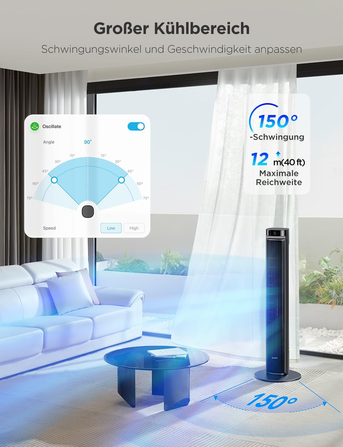 Leiser intelligenter Turmventilator, 12 Geschwindigkeiten bis zu 8 m/s, 5 Modi, 24-Stunden-Timer, 150° Oszillation, APP- und Sprachsteuerung, schwarz