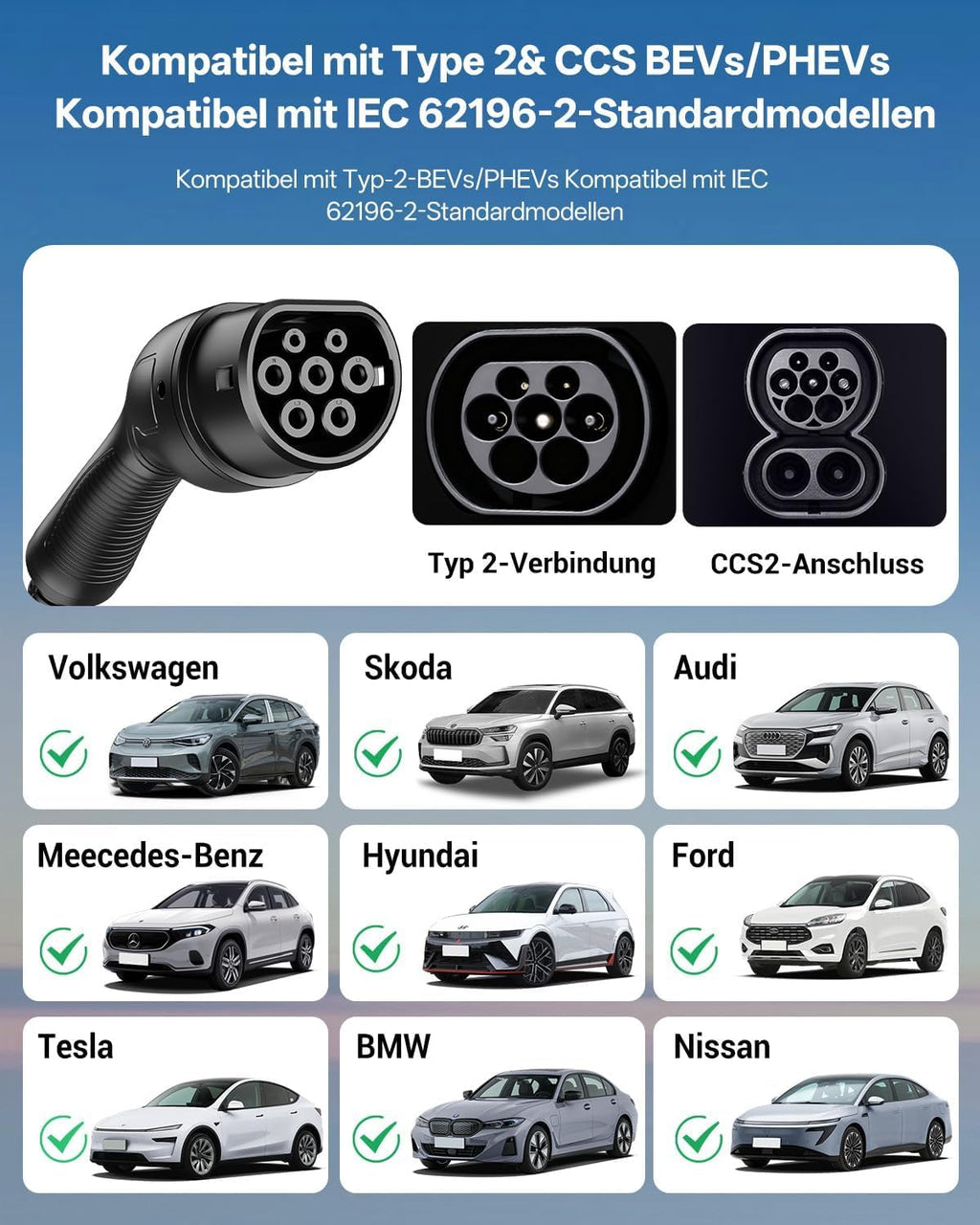 11kW Wallbox mit App + RFID, 3-Phasen Typ 2, 400V/6-16A, 8m Kabel + Halter, RCD Typ B, IP54, Startzeit-Einstellung, für BEV/PHEV