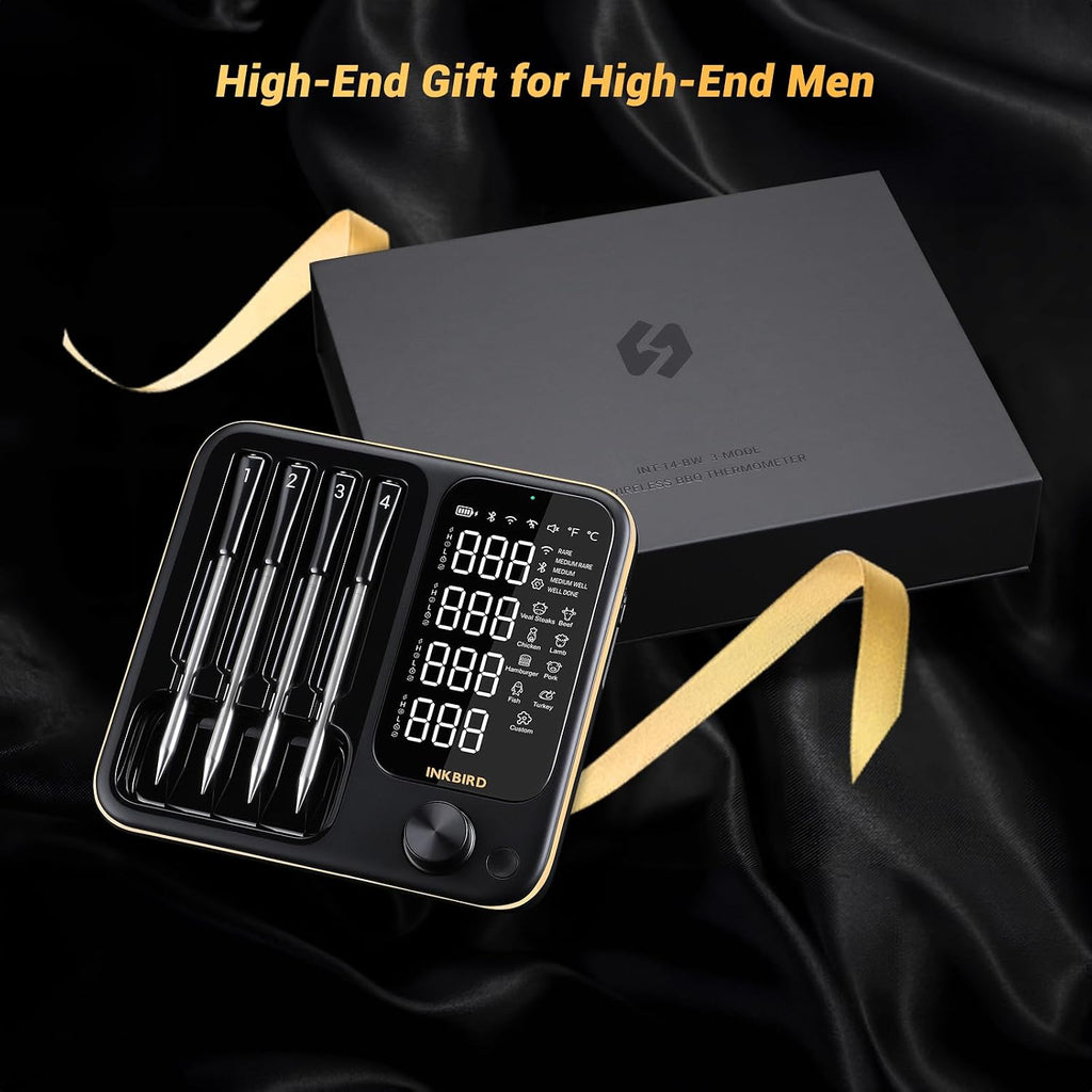 INT-14-BW kabelloses Fleischthermometer, Smart-Grillthermometer, WIFI 2.4G + BT 5.4, 91m Reichweite, für Ofen/Grill/Smoker/Rotisserie/Airfryer
