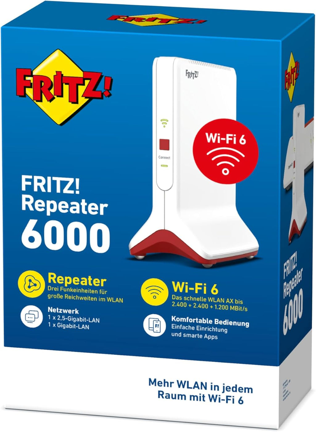 Repeater 6000 (WiFi 6, drei Funkeinheiten: 5 GHz (2x2400 Mbit/s) + 2,4 GHz (1200 Mbit/s), 2,5-Gigabit-LAN)