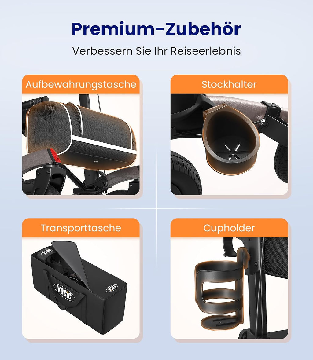 Rollator Faltbar Leicht mit Sitz, Outdoor Rollator mit Gummi-Nonluftbereifung für Alle Gelände, Aluminium Höhenverstellbar, Grau