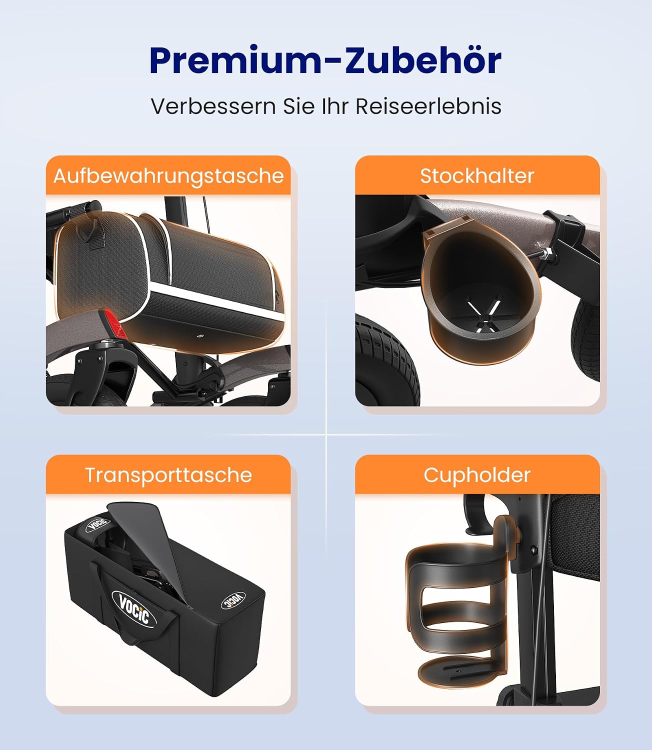 Rollator Faltbar Leicht mit Sitz, Outdoor Rollator mit Gummi-Nonluftbereifung für Alle Gelände, Aluminium Höhenverstellbar, Grau