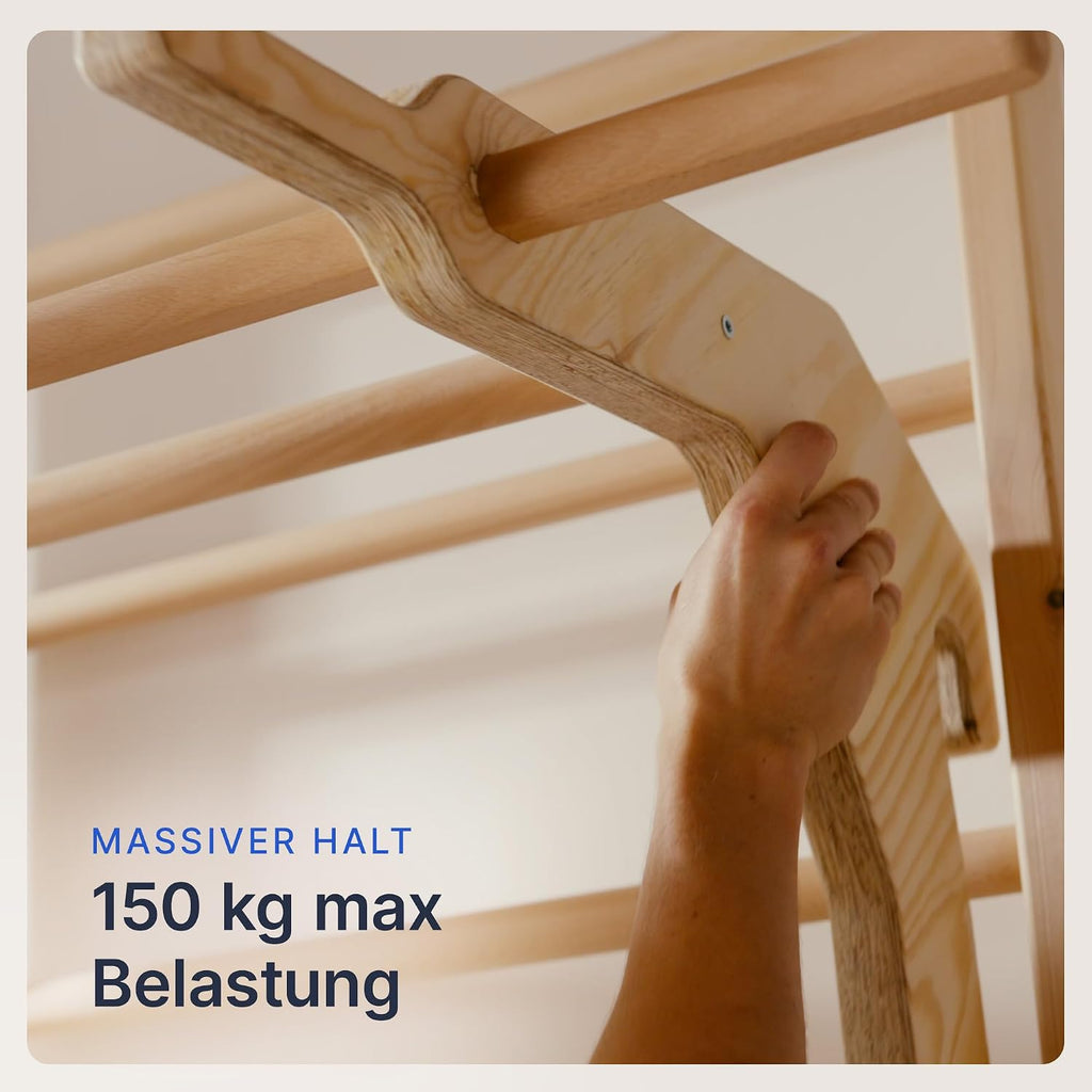 Sprossenwand für Erwachsene und Kinder mit Klimmzugstange & Dip Extension - Kletterwand fürs Kinderzimmer
