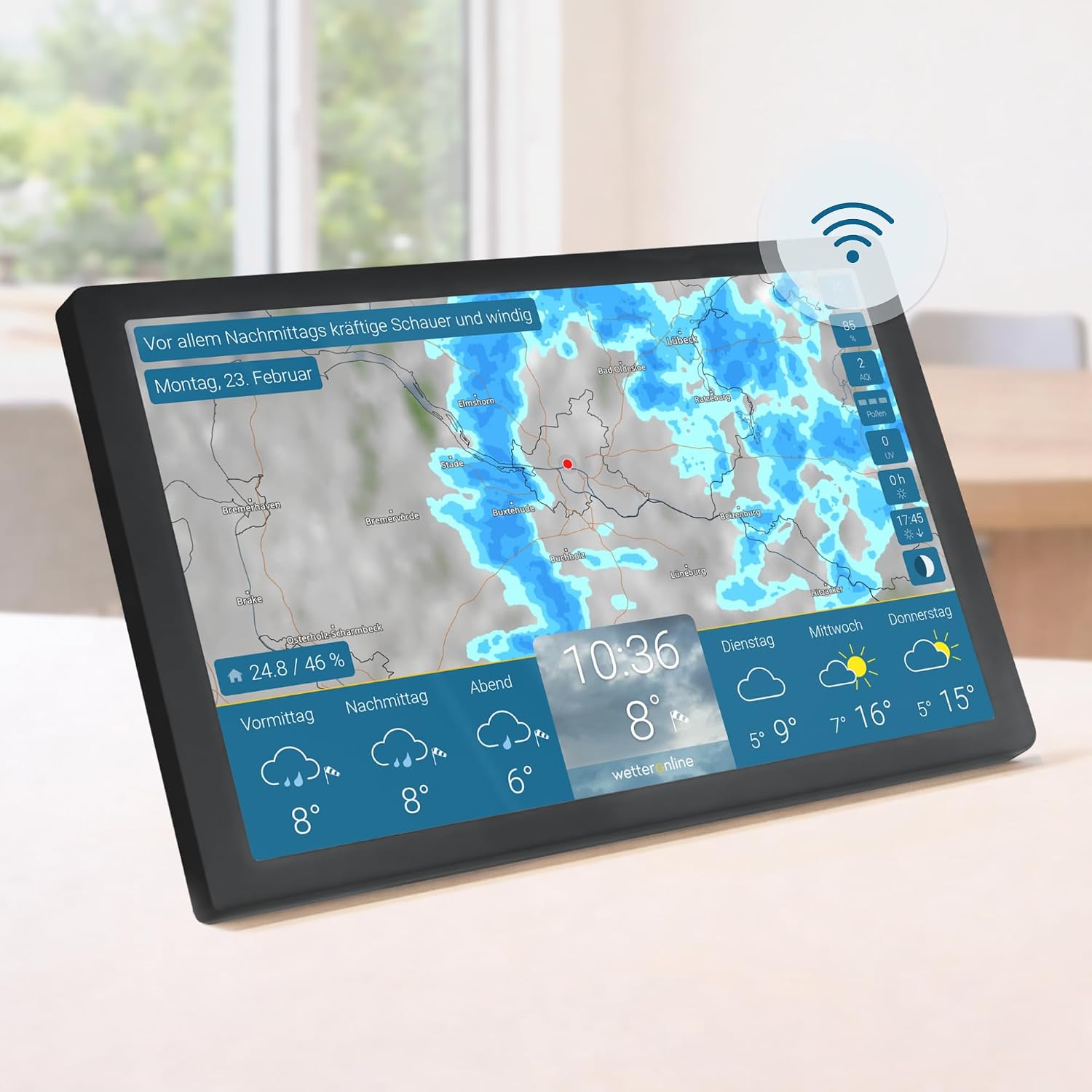 4 WetterDisplay WLAN-Wetterstation mit WetterRadar, RegenRadar, Unwetterwarnungen, 14-Tage-Wettervorhersage, HD-Farbdisplay